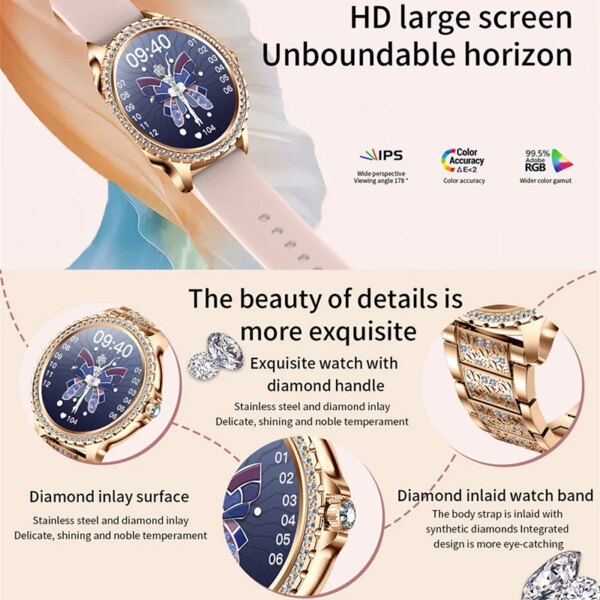 2023 New Fashion Women Bluetooth Call Smart Watch 1.32″ AMOLED 360*360 HD Screen Sports Fitness Ladies Smartwatch Diamond Band
