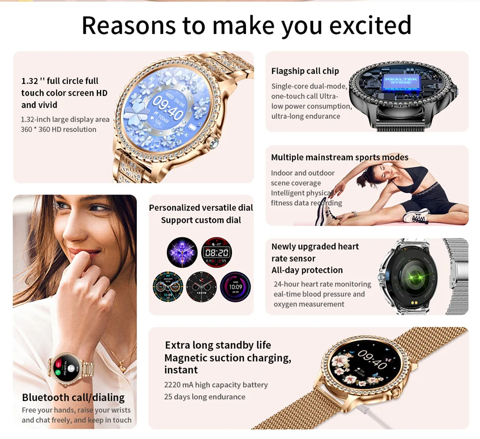 2023 New Fashion Women Bluetooth Call Smart Watch 1.328243 AMOLED 360360 HD Screen Sports Fitness Ladies Smartwatch Diam 7