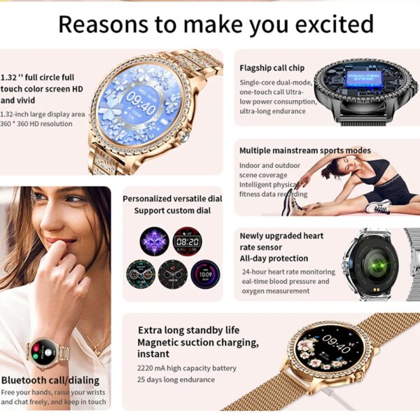 2023 New Fashion Women Bluetooth Call Smart Watch 1.32" AMOLED 360*360 HD Screen Sports Fitness Ladies Smartwatch Diamond Band - Image 5