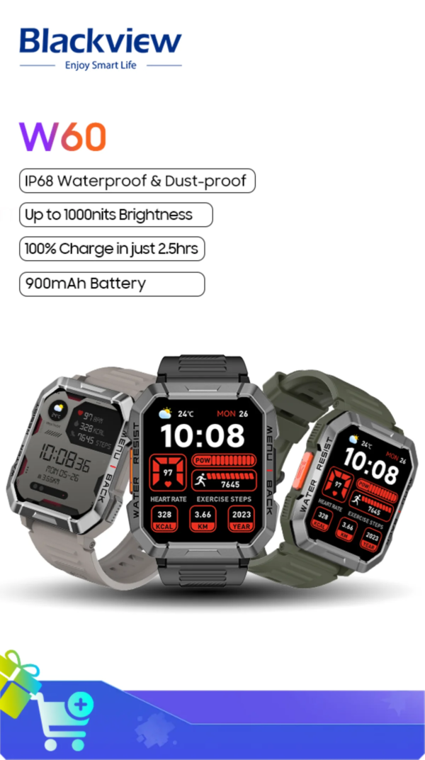 Blackview W60 2024 New Smartwatch 2.01” HD Display TFT Rugged Smart Watch for Outdoor With Emergency Lighting Bluetooth Calling