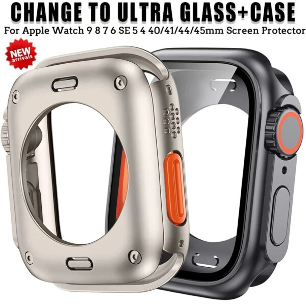Screen Protector Cover for Apple Watch 45mm 44mm 40mm 41mm Hard PC Front Rear Bumper Case iwatch 9 8 7 SE 6 5 4 Change To Ultra